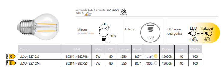 Lampadina LED filamento attacco E27 sfera 2W 250 lumen resa 19W 230V Lampadina LED filamento attacco E27 sfera 2W 250 lumen resa 19W 230V
